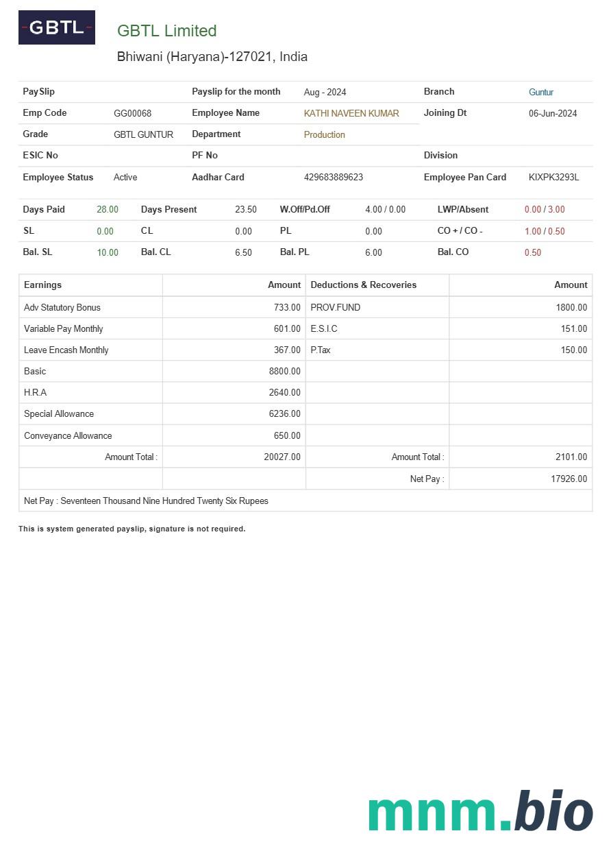 Szablon odcinka wypłaty Gbtl Limited textile company w formatach Word i PDF
